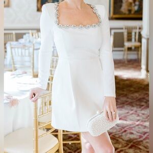 NADINE MERABI Kimberly White Long Sleeve MiniDress with Embellished Neckline